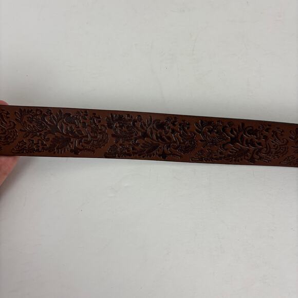 Hand Tooled Brown Leather Belt Brass Buckle Boho Western Country 30.25\